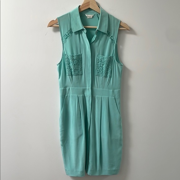 Club Monaco silk teal Tiffany blue button down collared dress 4 lace sleeveless - Picture 1 of 13